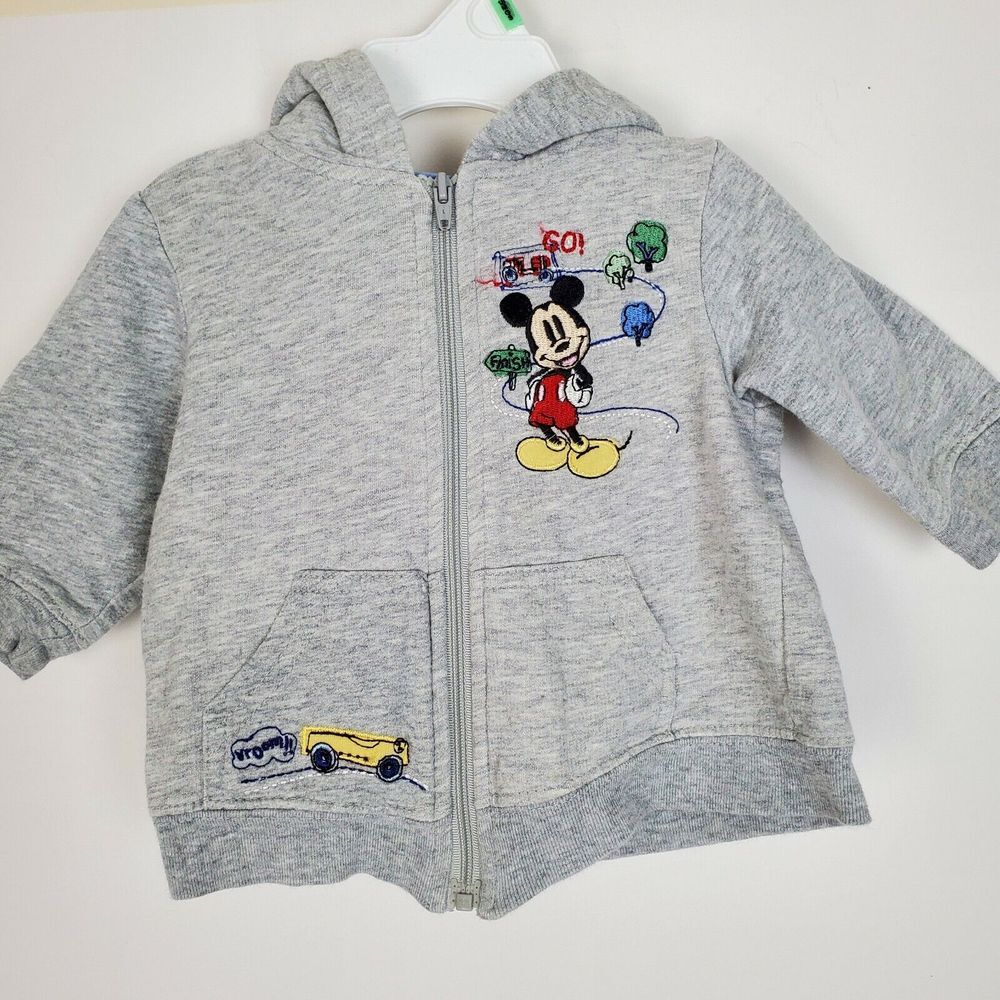 Disney Mickey Mouse Embroidered‎ Gray Hoodie Full Zip Size 6-9M EUC